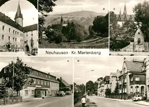 AK / Ansichtskarte Neuhausen Marienberg Schloss Purschenstein Schlossblick Betriebsferienheim Kammbaude Bahnhofstrasse Kat. Marienberg