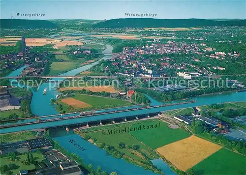 AK / Ansichtskarte Minden Westfalen Fliegeraufnahme mit Weser Mittellandkanal und Wiehengebirge Kat. Minden