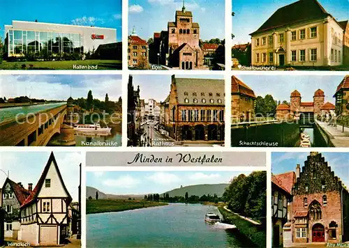 AK / Ansichtskarte Minden Westfalen Hallenbad Dom Stadtbuecherei Kanalbruecke Rathaus Schachtschleuse Windloch Alte Muenze Kat. Minden