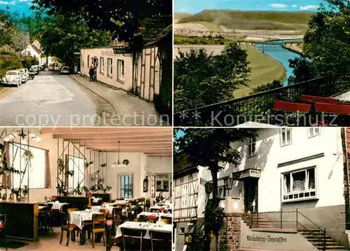 AK / Ansichtskarte Fuerstenberg Weser Weserberg Terrassen und Hotel Fuerstenberg Gastraum Strassenpartie Kat. Fuerstenberg