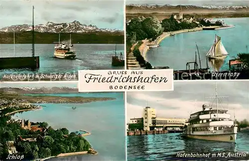 AK / Ansichtskarte Friedrichshafen Bodensee Hafeneinfahrt mit Schweizer Alpen Uferstrasse Schloss Hafenbahnhof MS Austria Kat. Friedrichshafen