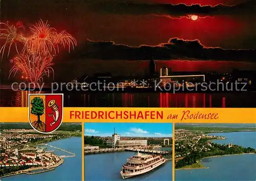 AK / Ansichtskarte Friedrichshafen Bodensee Feuerwerk Fliegeraufnahmen Faehre Kat. Friedrichshafen