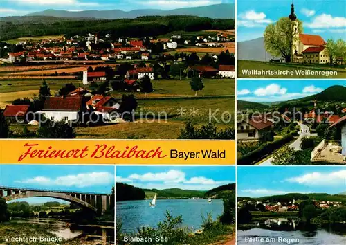 AK / Ansichtskarte Blaibach Stadtblick Wallfahrtskirche Weissenregen Viechtach Bruecke Blaibach See Partie am Regen Kat. Blaibach