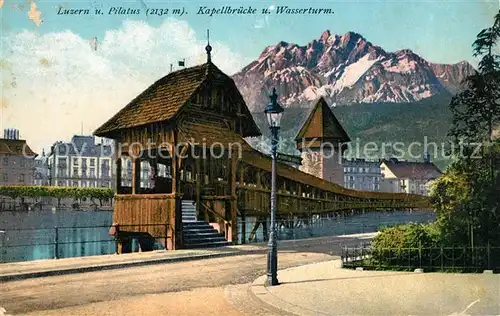 AK / Ansichtskarte Luzern LU Kapellbruecke und Wasserturm mit Pilatus Kat. Luzern