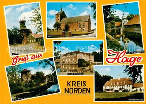 AK / Ansichtskarte Hage Ostfriesland Muehle Kirche Burg Berum Vorburg Luetetsburg Schloss Luetetsburg  Kat. Hage