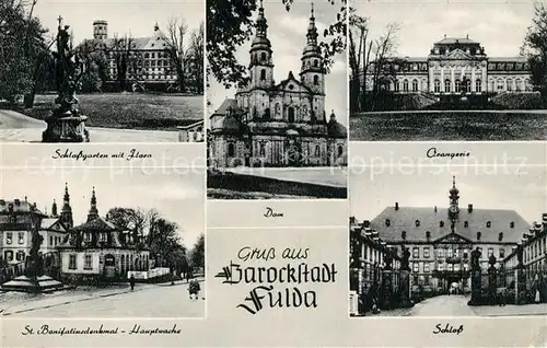 AK / Ansichtskarte Fulda Schlossgarten mit Flora St Bonifatiusdenkmal Hauptwache Dom Orangerie Schloss Barockstadt Kat. Fulda
