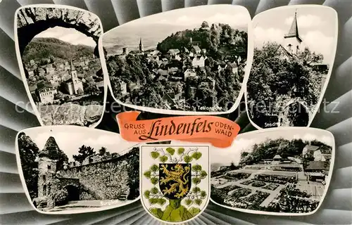 AK / Ansichtskarte Lindenfels Odenwald Teilansichten Stadtmauer Burg Burghof Kurgarten Wappen Kat. Lindenfels