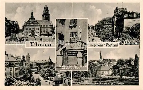 AK / Ansichtskarte Plauen Vogtland Altmarkt Standbild Heinrich von Plauen Postplatz mit Bahnhofstr Lohmuehlen Anlage und Schloss Kat. Plauen