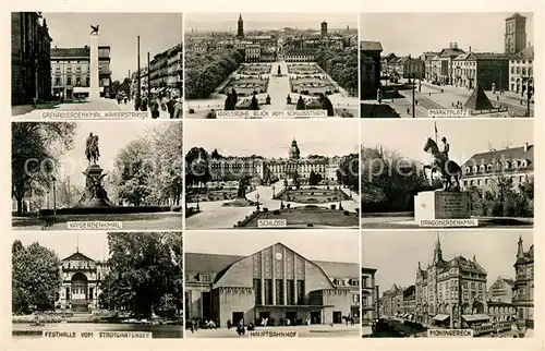 AK / Ansichtskarte Karlsruhe Baden Schloss Dragonerdenkmal Kaiserstrasse Grenadierdenkmal Kaiserdenkmal Festhalle Moningereck