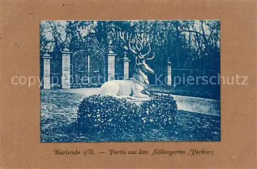 AK / Ansichtskarte Karlsruhe Baden Schlossgartenpartie mti Parktor und Hirsch