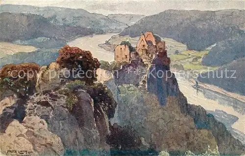 AK / Ansichtskarte Aggsbach Dorf Ruine Aggstein in der Wachau an der Donau Fritz Lach Nibelungenweg Kuenstlerkarte