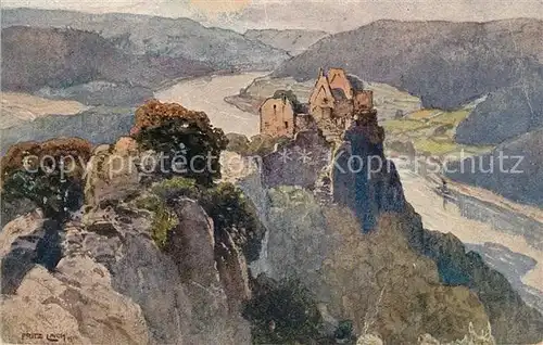 AK / Ansichtskarte Aggsbach Dorf Ruine Aggstein in der Wachau an der Donau Kuenstlerkarte