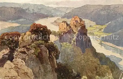 AK / Ansichtskarte Aggsbach Dorf Ruine Aggstein in der Wachau an der Donau Fritz Lach Nibelungenweg Kuenstlerkarte