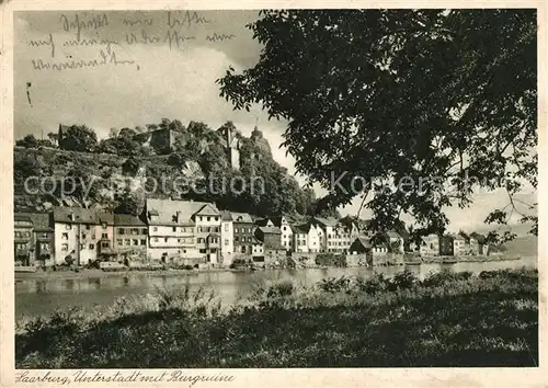 AK / Ansichtskarte Saarburg Saar Unterstadt mit Burgruine Uferpartie am Fluss Kupfertiefdruck Kat. Saarburg
