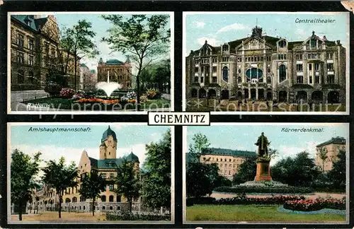 AK / Ansichtskarte Chemnitz Rathaus Amtshauptmannschaft Koernerdenkmal Centraltheater Kat. Chemnitz