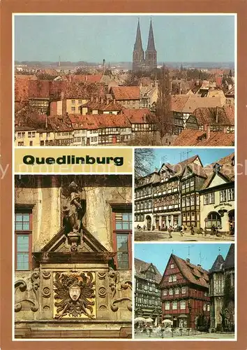 AK / Ansichtskarte Quedlinburg Stadtblick Kornmarkt Wappen am Rathaus Haeuser am Markt mit Roland Kat. Quedlinburg