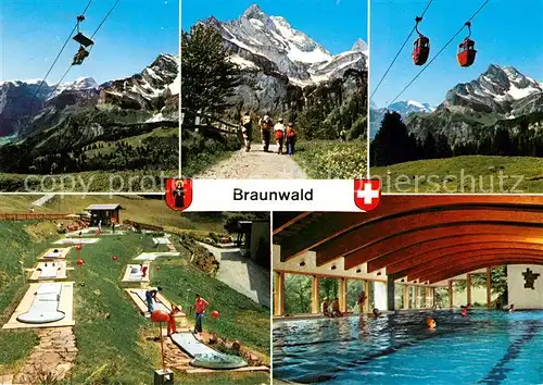 AK / Ansichtskarte Braunwald GL Gondelbahn Wandern Minigolf Hallenbad Kat. Braunwald