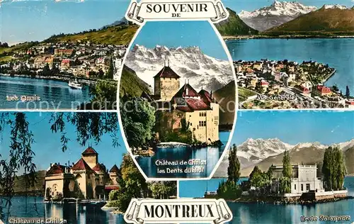 AK / Ansichtskarte Montreux VD Les Quais Chateau de Chillon Dents du Midi Panorama Ile de Salagnan Kat. Montreux