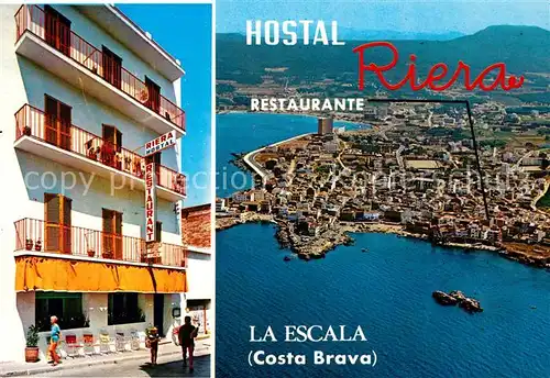 AK / Ansichtskarte La Escala Costa Brava Hostal Restaurante Riera Fliegeraufnahme Kat. Spanien
