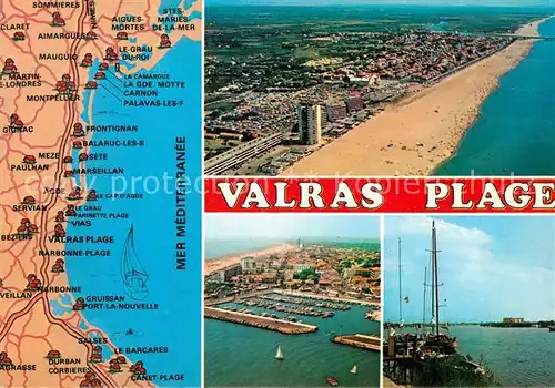 AK / Ansichtskarte Valras Plage Landkarte Kueste Strand Hafen Schiff Fliegeraufnahme Kat. Valras Plage