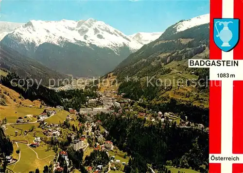 AK / Ansichtskarte Badgastein Weltkurort Wintersportplatz Alpen Wappen Fliegeraufnahme Kat. Bad Gastein