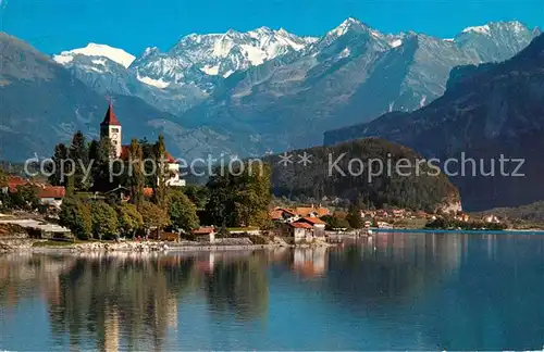 AK / Ansichtskarte Brienz Brienzersee mit Kirche Gwaechtenhorn Tierberge und Benzlauistock