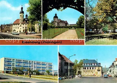 AK / Ansichtskarte Eisenberg Thueringen Rathaus Schlossgarten Park des Friedens Schule Neubaugebiet Ernst Thaelmann Platz Kat. Eisenberg