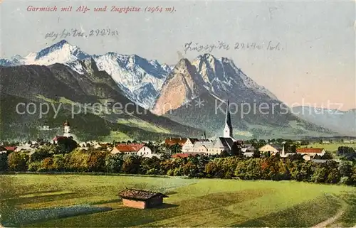 AK / Ansichtskarte Garmisch Partenkirchen mit Alp  und Zugspitze Kuenstlerkarte Kat. Garmisch Partenkirchen