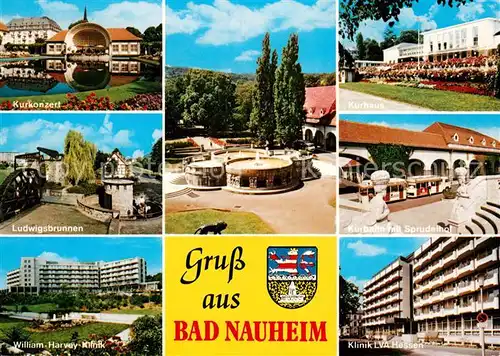 AK / Ansichtskarte Bad Nauheim Kurkonzert Ludwigsbrunnen William Harvey Klinik Kurhaus Kurbahn Sprudelhof Klinik LVA Hessen Kat. Bad Nauheim