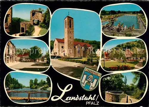 AK / Ansichtskarte Landstuhl Burgruine Strassenpartie Bruecke Kirche Schwimmbad Kat. Landstuhl