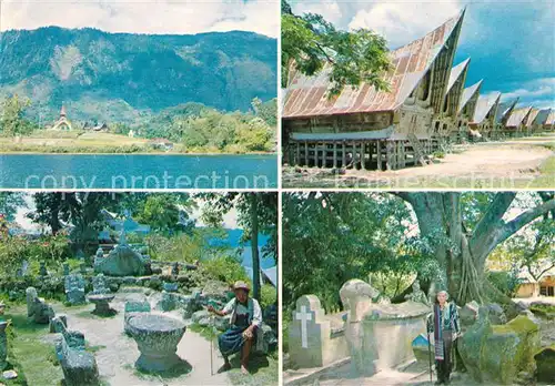 AK / Ansichtskarte Sumatra Sumatera Scenery at Tomok House of Batak Convention hall at Ambarita Stone grave at Tomok