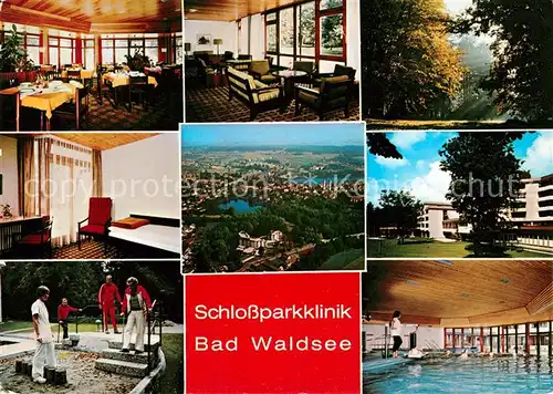 AK / Ansichtskarte Bad Waldsee Schlossparkklinik Gastraeume Panorama Wassertreten Hallenbad Kat. Bad Waldsee