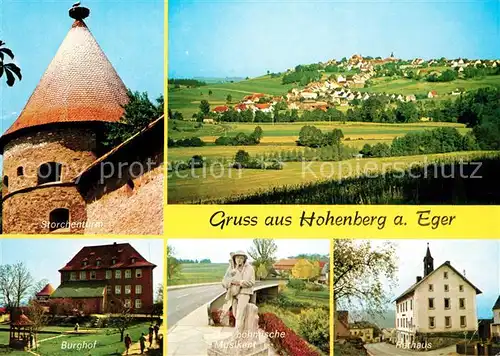 AK / Ansichtskarte Hohenberg Eger Storchenturm Burghof Boehmischer Musikant Skulptur Rathaus Landschaftspanorama  Kat. Hohenberg a.d.Eger