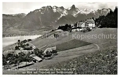 AK / Ansichtskarte Thun BE Hotel Pension Haltenegg mit Thunersee und Stockhornkette Kat. Thun