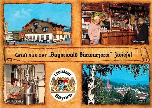 AK / Ansichtskarte Zwiesel Niederbayern Bayerwald Baerwurzerei Wappen Ortsansicht mit Kirche Kat. Zwiesel