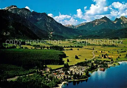AK / Ansichtskarte Schwangau Bannwaldsee Campingplaetze mit Saeuling und Tiroler Alpen Fliegeraufnahme Kat. Schwangau