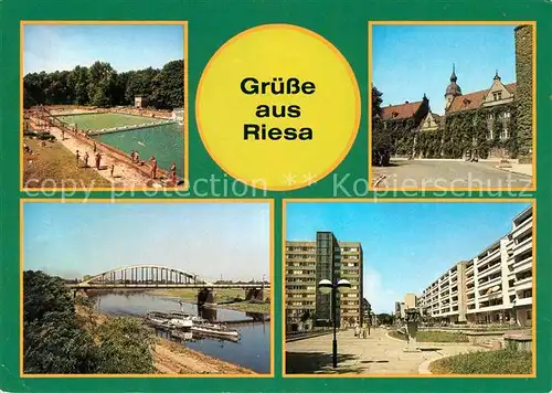 AK / Ansichtskarte Riesa Sachsen Freibad Rathaus Anlegestelle Weisse Flotte Strasse der DSF Kat. Riesa