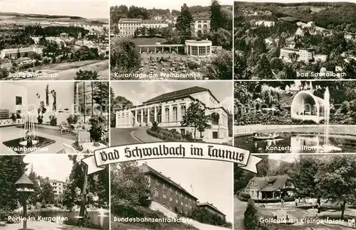 AK / Ansichtskarte Bad Schwalbach Kuranlage am Weinbrunnen Konzertpavillon Kurgarten Bundesbahnzentralschule Golfcafe mit Kleingolfplatz Kat. Bad Schwalbach
