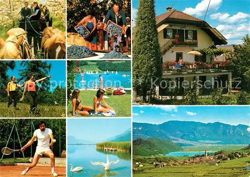 AK / Ansichtskarte Kaltern Weinstrasse Tirol Pension Haus Zur Traube Pferdekutsche Wandern Tennis Freibad Schwaene Landschaftspanorama Alpen Kat. 