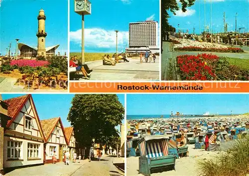AK / Ansichtskarte Rostock Warnemuende Leuchtturm mit Teepott Strandpromenade mit Hotel Neptun Am Strom Theodor Koerner Str Am Strand Kat. Rostock