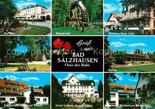 AK / Ansichtskarte Bad Salzhausen Kurhaus Wasserrad Bienkos Park Cafe Trinkhalle Saline Bergfried Klinik Ernst Ludwig Sanatorium Dr Schaefer Kat. Nidda
