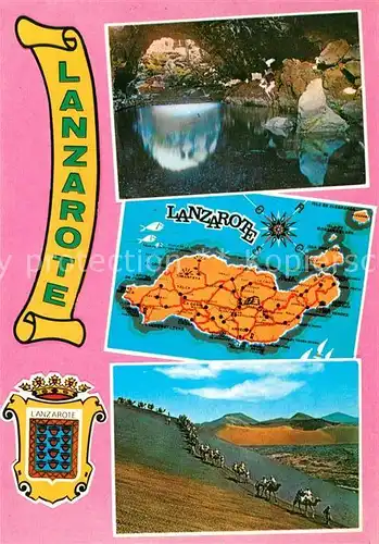 AK / Ansichtskarte Lanzarote Kanarische Inseln Grotte Inselkarte Kamelreiten