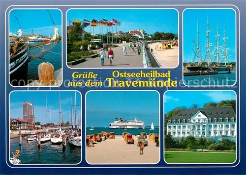 AK / Ansichtskarte Travemuende Ostseebad Promenade Viermastsegler Yachthafen Faehre Hotel Kat. Luebeck