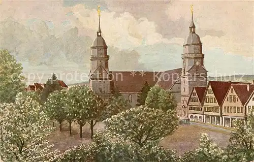 AK / Ansichtskarte Freudenstadt Marktplatz Kirche Baumbluete Kurort im Schwarzwald Kuenstlerkarte Kat. Freudenstadt