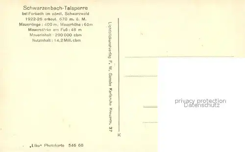 AK / Ansichtskarte Forbach Baden Schwarzenbach Talsperre im Schwarzwald Kat. Forbach
