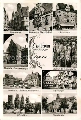 AK / Ansichtskarte Heilbronn Neckar Kaiserstr Astron Uhr am Rathaus Kaetchenhaus Deutschordenshaus St Kilian Kirche Marktplatz Rathaus Kaetchenhaus Schwibbogen Goetzenturm Stadttheater Kat. Heilbronn