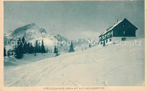 AK / Ansichtskarte Kreuzeckhaus mit Alpspitze und Zugspitze Wettersteingebirge im Winter Kat. Garmisch Partenkirchen