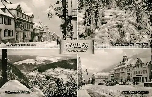 AK / Ansichtskarte Triberg Schwarzwald Bahnhofstrasse Marktplatz Wasserfaelle Winterpanorama Kat. Triberg im Schwarzwald