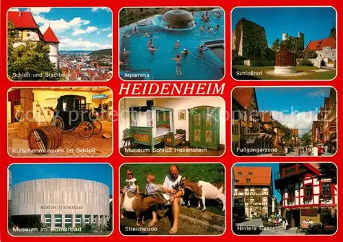 AK / Ansichtskarte Heidenheim Brenz Schloss Stadtblick Aquarena Schlosshof Kutschenmuseum Fussgaengerzone Hintere Gasse Fachwerkhaus Streichelzoo Museum im Roemerbad Kat. Heidenheim an der Brenz