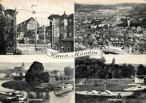 AK / Ansichtskarte Hann. Muenden Schloss Blick von Tillyschanze Kleingolfplatz Zusammenfluss von Werra und Fulda zur Weser Kat. Hann. Muenden